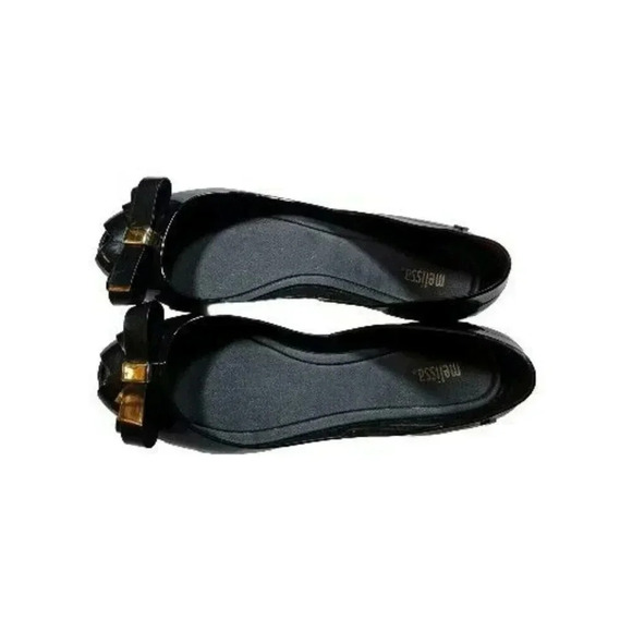 Melissa Black Tortoise Bow & Gold Detail Size 8 Peep Toe  Jelly PVC - Picture 2 of 9